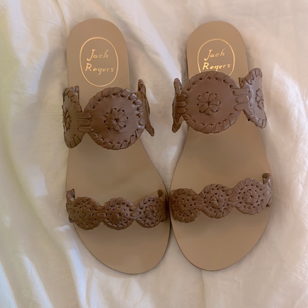 Jack Rogers Lauren cognac brown leather two strap flat sandals NIB